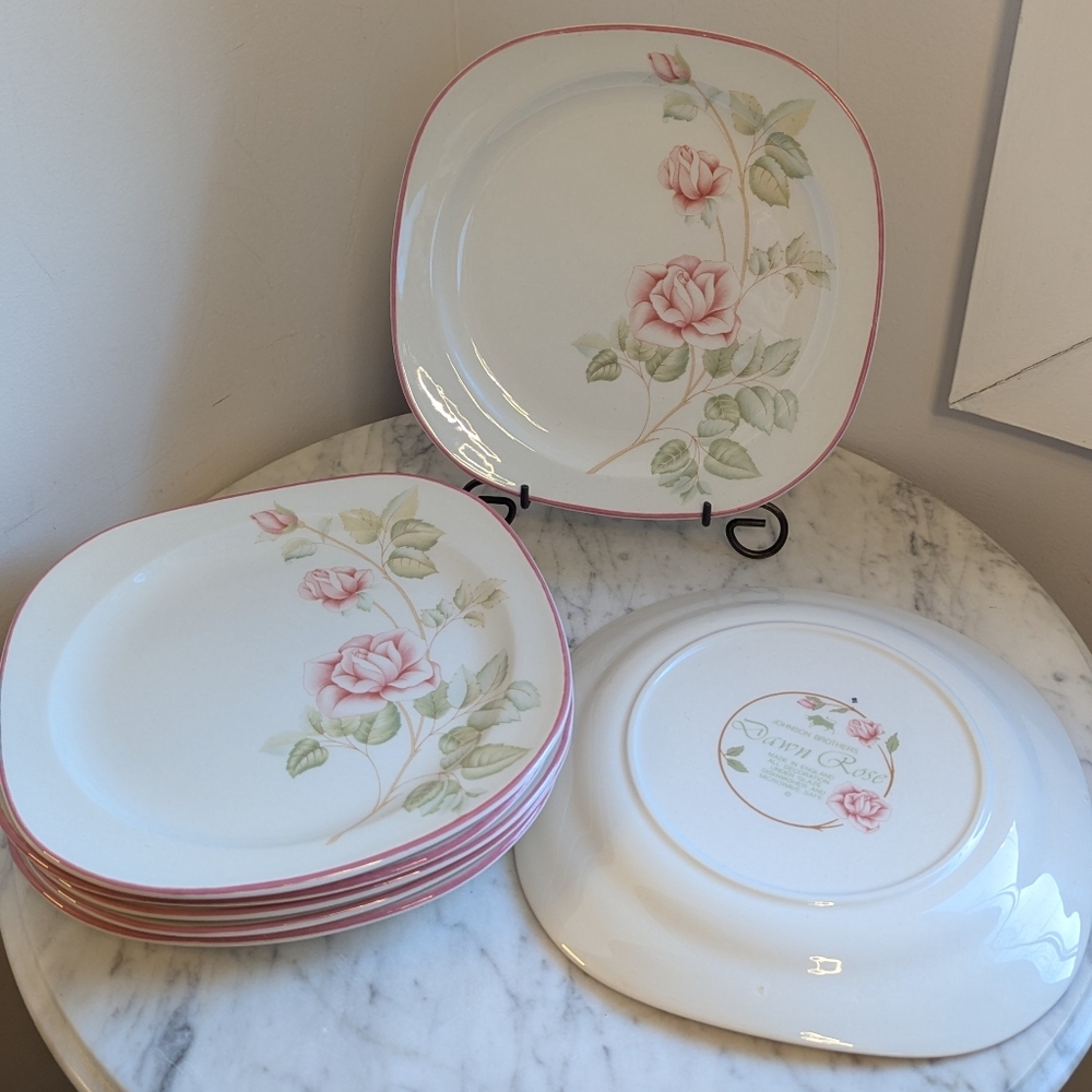 Johnson Brothers Seven Dawn Rose Design Plates - Pink and Green Made In England
